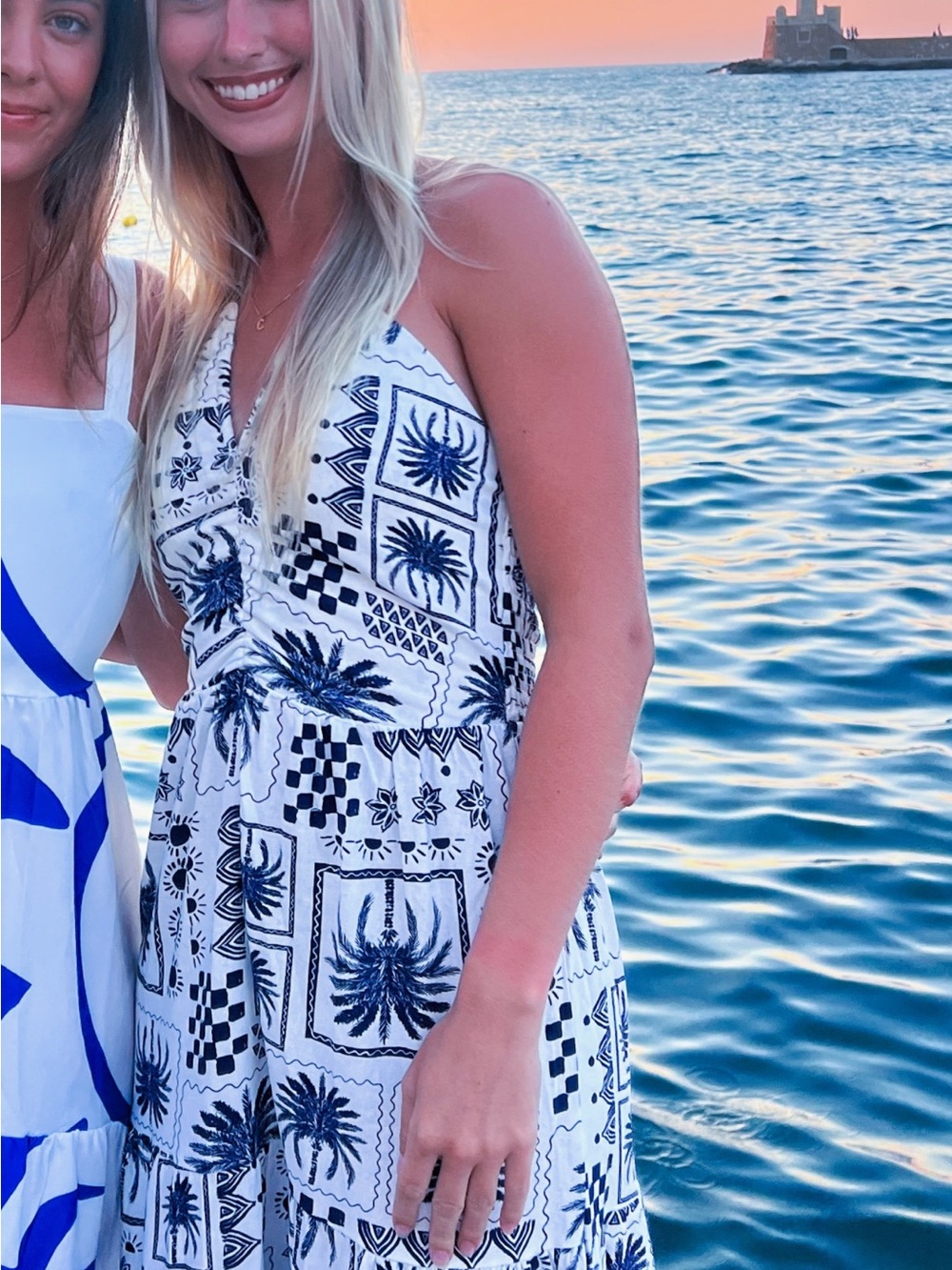 White & Navy Palm Print women’s Summer maxi dress